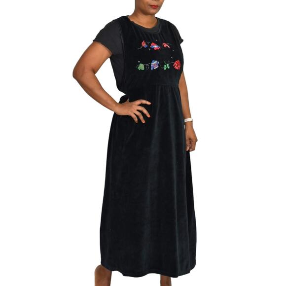 Vintage Christmas Dress Velour Pinafore Bib Overall Jumper Plush Holiday Size XL - Picture 10 of 13